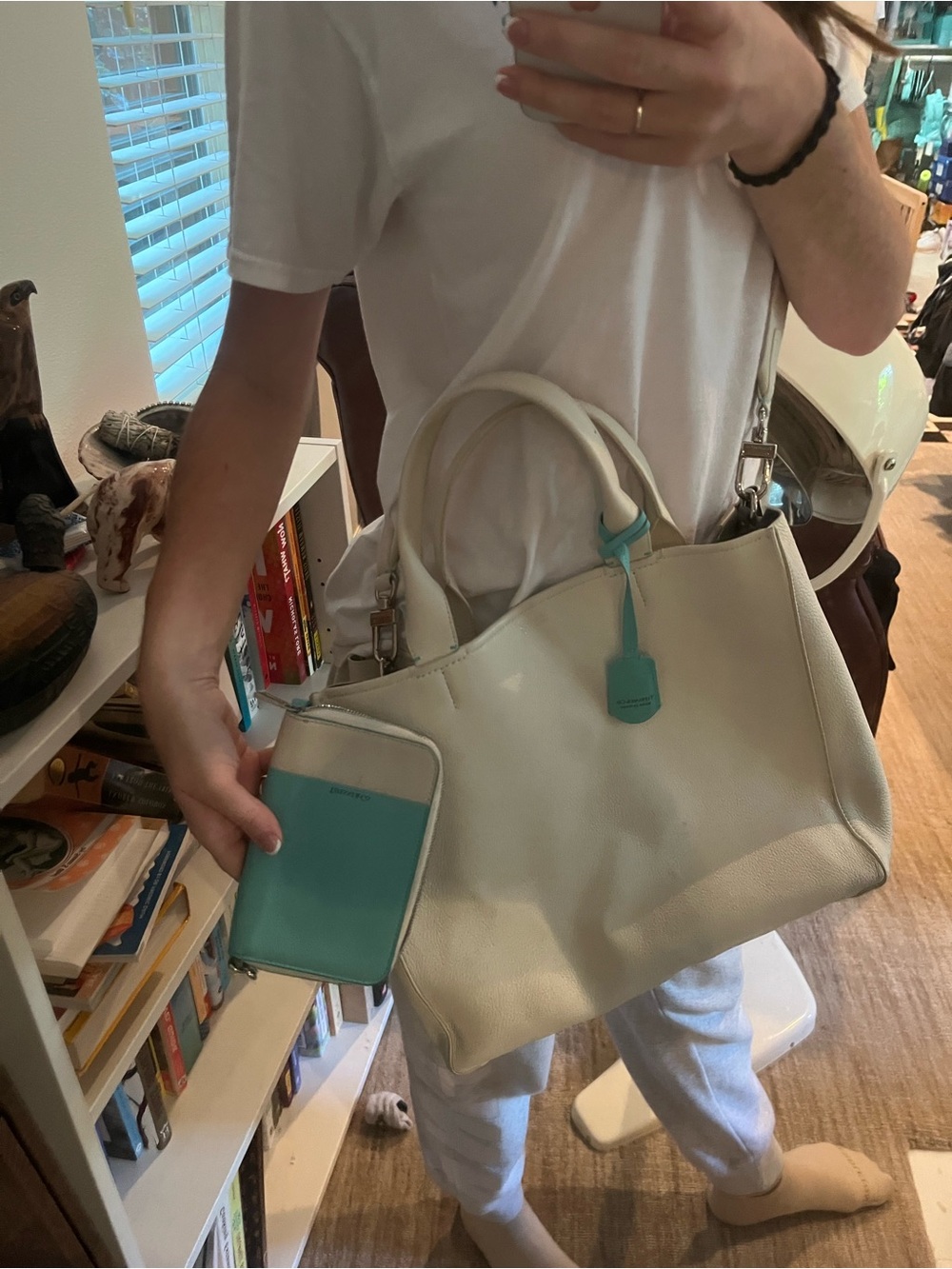 Tiffany & Co. White Leather Tote with Turquoise Tag and Card Wallet
